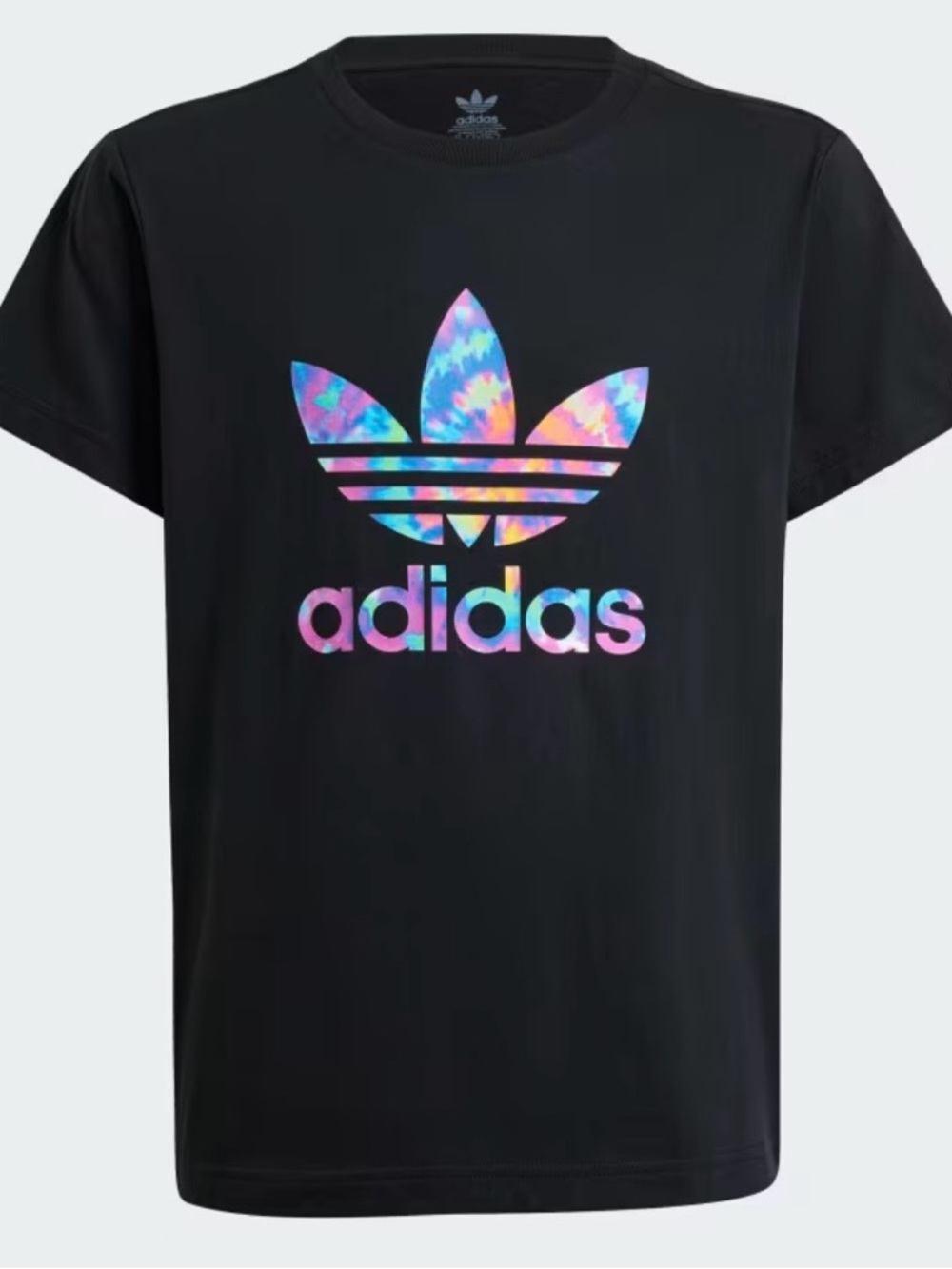 NWT Adidas Black Tee with Multicolor Tie-Dye Trefoil